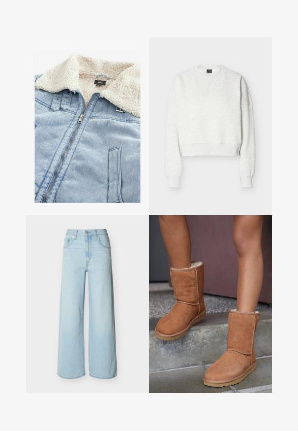 Jeansjack met een sherpa-gebufferde kraag, lichtblauwe kleur, voorrits en zakdetails. Etiket zichtbaar in het kraaggebied.; Lichtgrijze cropped crewneck-sweatshirt met lange mouwen en geribde boorden en zoom.; Lichtblauwe jeans met wijde pijpen, voorop met knopen en ritssluiting, voorzien van riemlussen en het klassieke ontwerp met vijf zakken.; Bruine suède enkellaarsjes met een ronde neus, zachte voering en een rubberen zool, met zichtbaar stiksel langs de naden.