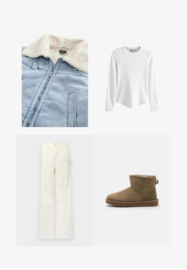 Jeansjack met een sherpa-gebufferde kraag, lichtblauwe kleur, voorrits en zakdetails. Etiket zichtbaar in het kraaggebied.; Wit geribd top met lange mouwen, ronde hals en licht gebogen zoom, afgebeeld tegen een effen witte achtergrond.; Good American GOOD 90S CARPENTER - Wide leg - white denim; Bruine suède enkelboot met een zachte, pluizige voering, ronde neus en een lusaccent aan de achterkant. Vlakke rubberen zool met een gestructureerde grip.