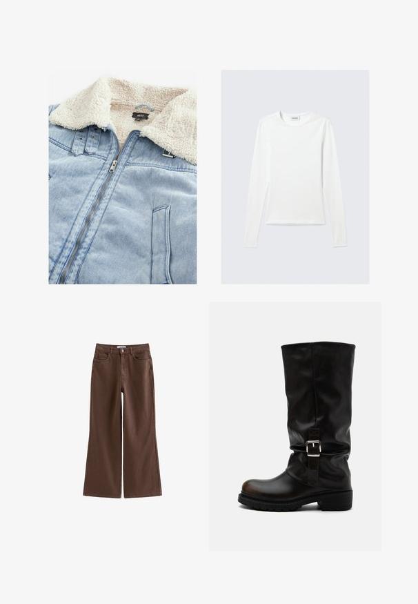 Jeansjack met een sherpa-gebufferde kraag, lichtblauwe kleur, voorrits en zakdetails. Etiket zichtbaar in het kraaggebied.; Effen wit shirt met lange mouwen en ronde hals, slim fit, afgebeeld tegen een lichtgrijze achtergrond.; Bruine high-waist wijde jeans met brede pijpen, voorzien van een knoop- en ritssluiting aan de voorkant, riemlussen en vijf zakken, plat liggend op een witte achtergrond.; Hoge zwarte leren laars met afgeronde neus, lage hak, zijgesp en licht ingezakte schacht op een witte achtergrond.