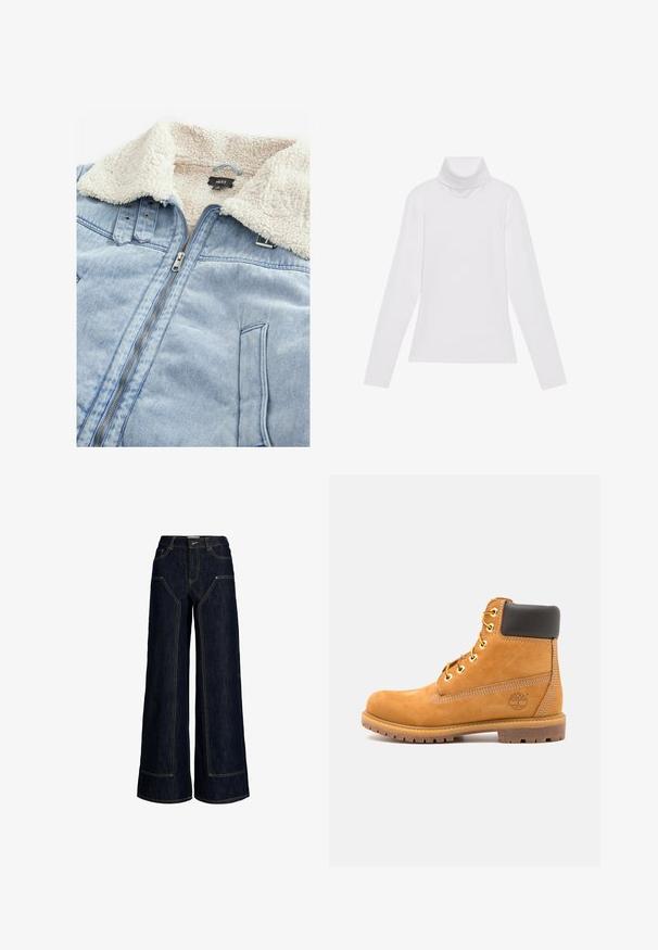 Jeansjack met een sherpa-gebufferde kraag, lichtblauwe kleur, voorrits en zakdetails. Etiket zichtbaar in het kraaggebied.; Witte lange mouw turtleneck top gemaakt van glad, elastisch materiaal. Voorzien van een hoge kraag en een getailleerd ontwerp, zonder zichtbare patronen of versieringen.; Donkerblauwe wijd uitlopende spijkerbroek met hoge taille, zichtbare contrasterende stiksels, knopen aan de voorkant en zakken aan zowel de voor- als achterkant.; Bruine leren enkelboot met zwarte voering, gouden oogjes en een gestructureerde zool. Kenmerkt zich door een cirkelvormig logo aan de zijkant en stikselaccenten.