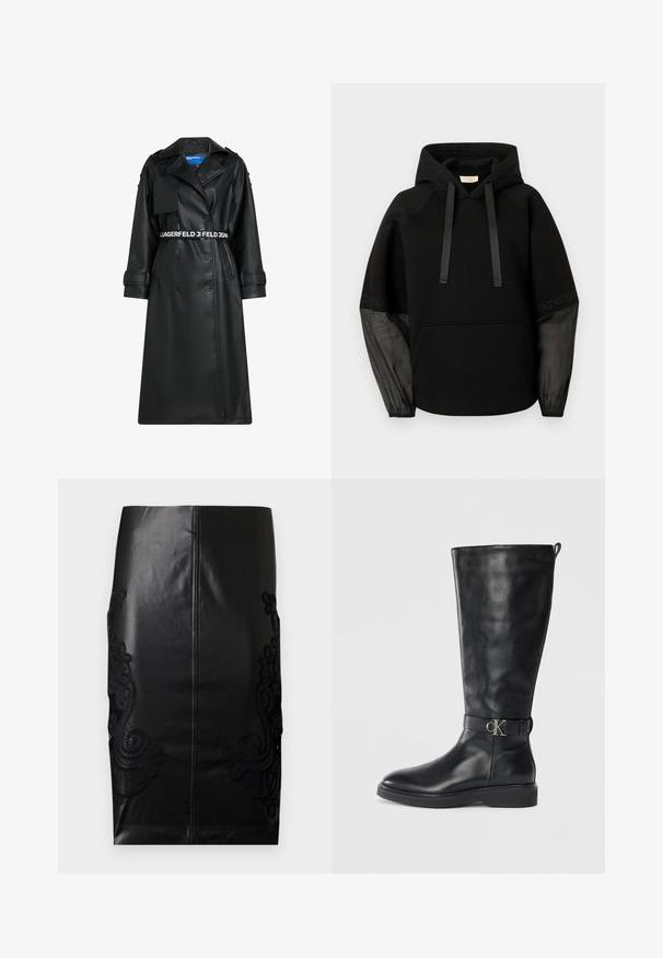 Sorte faux læderjakke med dobbeltradet design, bæltet talje, oversized krave og klaplommer. Har logo på bæltet og ærmerne.; Sort hættetrøje med en frontlomme, der har satinbånd som snore og gennemsigtige, mønstrede ærmer. Blødt stof med en afslappet pasform.; Sorte læder blyantskørt med intrikat sort blonderbroderi på siderne, sømløs ryg og glat tekstur. Klassisk pasform og silhuet.; Sorte læder knæhøje støvler med lav hæl, rund tå og metallisk "CK" logo spænde om anklen.