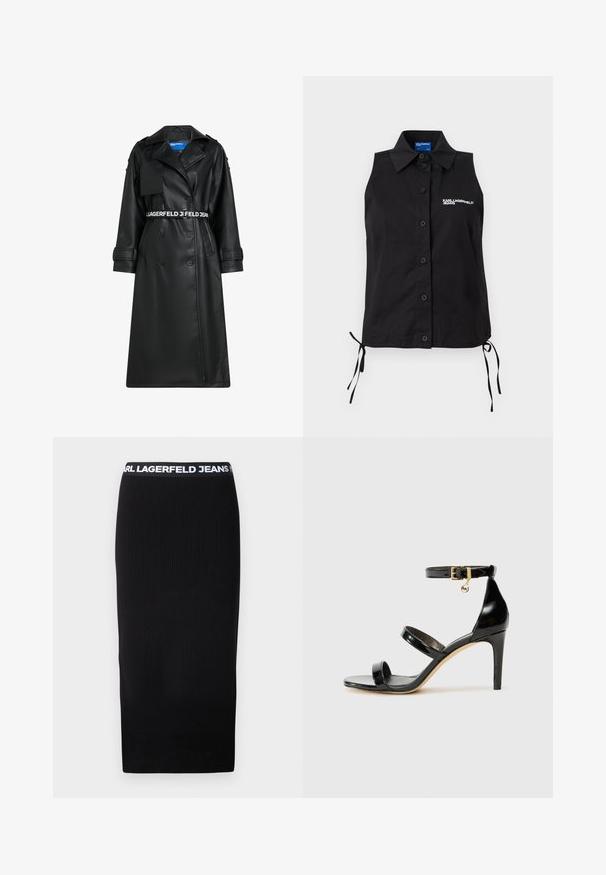 Sorte faux læderjakke med dobbeltradet design, bæltet talje, oversized krave og klaplommer. Har logo på bæltet og ærmerne.; Sort ærmeløs knap-op skjorte med krave, sidelommer og hvidt "KARL LAGERFELD JEANS" logo på venstre bryst.; Sort ribbet midi-nederdel med en hvid brændt elastisk talje. Stoffet har en glat struktur og et tætsiddende design.; Sorte patenterede lædersandaler med tre stropper, ankelspænde og 10 cm stiletthæl. Har detaljer i guld og et logo charms.