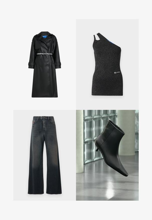 Abrigo de poliéster negro con diseño de doble botonadura, cintura ceñida con cinturón, cuello oversize y bolsillos de solapa. Presenta una banda elástica con el logo en la cintura y en los puños.; Top negro de un solo hombro hecho de un tejido texturizado con hilos metálicos. Presenta un corte en el hombro y un detalle de logo en el dobladillo.; Vaqueros de pierna ancha en denim de lavado oscuro con una sutil textura desgastada, que cuentan con cierre de botones y bolsillos traseros con detalles de costura.; Botín negro de cuero con punta puntiaguda y tacón bajo estilo kitten, mostrado en ángulo sobre un suelo pulido y con una pared de bloques de vidrio de fondo.