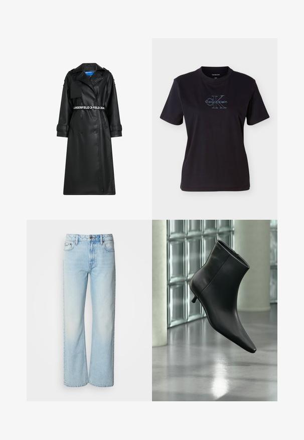 Sorte faux læderjakke med dobbeltradet design, bæltet talje, oversized krave og klaplommer. Har logo på bæltet og ærmerne.; Sort bomulds-T-shirt med korte ærmer og rund hals. Fronten viser et blåt Calvin Klein-logo med karakteristisk tekst.; Lyseblå brede jeans lavet af denim med et klassisk fem-lomme design og en subtil falmet tekstur. Denim-syninger er synlige.; Sort læderankelstøvle med spids tå og lav kitten-hæ, vist vinklet mod en poleret gulv- og glasblokvæg.