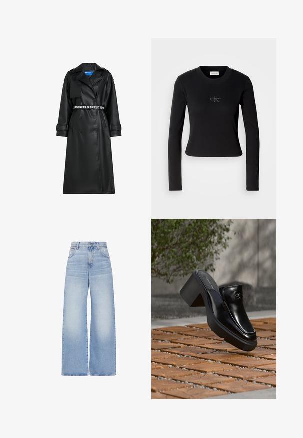 Schwarzer Kunstledermantel mit einem doppelreihigen Design, tailliertem Gürtel, übergroßem Kragen und Klappentaschen. Mit Logo-Bund und Ärmeln.; Schwarzes longsleeve Oberteil mit tailliertem Design und kleinem Calvin Klein Logo auf der Brust, vor einem weißen Hintergrund präsentiert.; Hellblaue Jeans mit hoher Taille und weitem Bein, vorne mit Knopf- und Reißverschluss, vorderen und hinteren Taschen sowie einem leicht verwaschenen Detail an der rechten Tasche.; Schwarze Leder-Slip-on-Mule von Calvin Klein mit Blockabsatz, die auf Holzfliesen im Freien nahe einer grünen Pflanze und einer grauen Wand ruht.