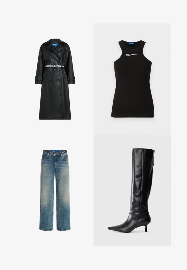 Sorte faux læderjakke med dobbeltradet design, bæltet talje, oversized krave og klaplommer. Har logo på bæltet og ærmerne.; Sort ribbet tanktop med høj hals og hvidt "Karl Lagerfeld Jeans" logo centreret nær kraven.; Lyseblå denim bukser med bred benstil og høj talje, fem lomme-design og subtilt slid. Har lynlås og et mærketag indeni.; Sorte læder knæhøje støvler med spids tå og slank buet hæl. Glat tekstur, tætsiddende design og ingen synlig hardware eller mønstre.