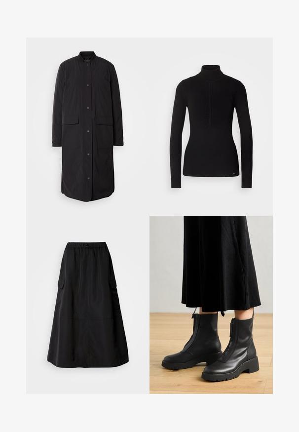 Abrigo largo negro con cuello redondo, botones de presión en el frente, dos bolsillos y una tela texturizada, con un silueta recta.; Suéter negro de cuello vuelto con mangas largas, tejido texturizado, detalle fruncido en la parte frontal y un sutil acento de logotipo en el dobladillo.; Falda negra de corte holgado, hecha de una tela suave. Cuenta con una cinturilla elástica y dos bolsillos cargo laterales. Diseño de longitud media.; Botas de tobillo de cuero negro con suela de plataforma gruesa y cremallera delantera. Textura suave con un diseño minimalista.