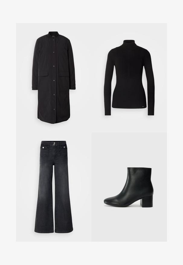 Manteau long noir avec un col rond, des boutons-pression à l'avant, deux poches et un tissu texturé, présentant une silhouette droite.; Pull en maille côtelée noir à col roulé, avec des manches longues, un tissu texturé, un détail froncé à l'avant et un accent logo subtil à l'ourlet.; Jean large en denim noir avec taille haute, boutons sur le devant et deux poches avant ; texture lisse avec une légère finition décolorée.; Bottines en cuir noir avec un bout pointu et un talon épais. Texture lisse avec des accents minimalistes et un design élégant et ajusté.