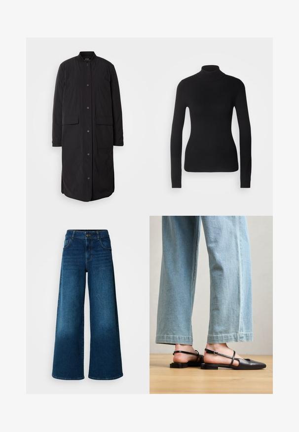 Manteau long noir avec un col rond, des boutons-pression à l'avant, deux poches et un tissu texturé, présentant une silhouette droite.; Pull à col roulé noir en maille légère. Il possède des manches longues, une coupe ajustée et une texture côtelée douce.; Jean large en denim bleu foncé. Doté d'une taille haute, d'une fermeture à bouton et d'un design classique à cinq poches avec une légère décoloration.; Chaussures slingback en cuir noir avec un bout pointu, un talon plat et une bride à la cheville ; portées avec un jean large bleu clair.