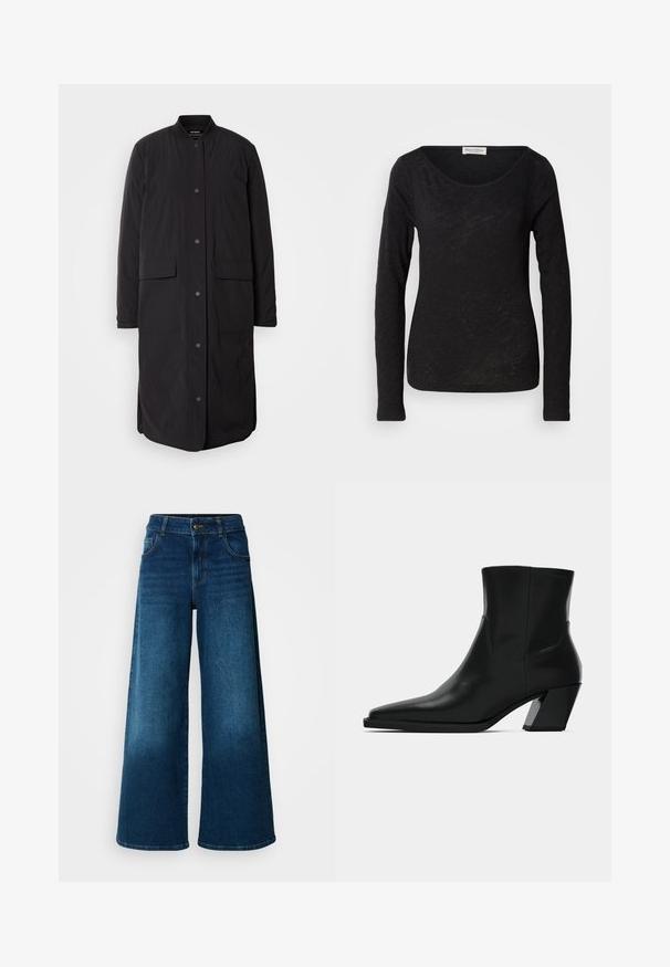 Abrigo largo negro con cuello redondo, botones de presión en el frente, dos bolsillos y una tela texturizada, con un silueta recta.; Blusa negra de manga larga hecha de una tela ligera y texturizada. Presenta un escote en forma de scoop y una silueta ajustada con un detalle mínimo.; Jeans de pierna ancha hechos de denim azul oscuro. Presentan una cintura alta, cierre de botón y un diseño clásico de cinco bolsillos con un ligero desgaste.; Bota de tobillo de cuero negro con punta afilada, una silueta elegante y un tacón cuadrado grueso. Textura suave con detalles de costura mínimos.