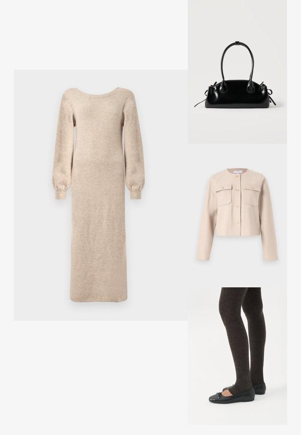 Beige, cropped jasje van zachte stof met lange mouwen, gouden knopen en twee borstzakken. Klassieke ronde halslijn met een minimalistisch ontwerp.; Lange, beige gebreide jurk met een ronde halslijn, lange pofmouwen en een rechte silhoeette, voorzien van geribbelde manchetten aan de uiteinden van de mouwen.; Benen met donkere geribbelde leggings gecombineerd met zwarte ballerina's met kleine strikdetails op een witte achtergrond.; Kleine zwarte glanzende handtas met twee lange hengsels en zijkant trekkoord details op een effen lichte achtergrond.