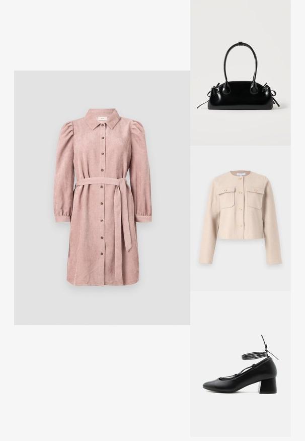 Beige, taillierte Jacke aus weichem Stoff mit langen Ärmeln, goldenen Knöpfen und zwei Brusttaschen. Klassischer Rundhalsausschnitt mit minimalistischem Design.; Rosa Corduroy-Hemdblusenkleid mit langen Puffärmeln, durchgehender Knopfleiste und passendem, tailliertem Gürtel. Verfügt über eine strukturierte Oberfläche und vertikale Streifen.; Schwarzer Lederschuh mit mittlerem Absatz, spitzer Schuhspitze, gekreuzten Riemen und Wickelverschluss um den Knöchel auf weißem Hintergrund.; Kleine schwarze glänzende Handtasche mit zwei langen Griffen und seitlichen Kordelzug-Details vor einfachem hellem Hintergrund.