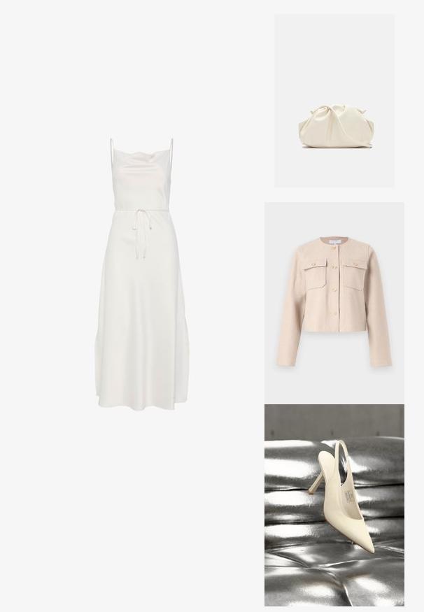 Beige, cropped jakke lavet af blødt stof med lange ærmer, guldknapper og to brystlommer. Klassisk rund udringning med minimalistisk design.; Hvid ærmeløs midi-kjole med spaghettistropper, bådudskæring og et bælte i taljen på ensfarvet baggrund.; Hvid spids slingback højhælet sko vist mod en skinnende sølvfarvet polstret baggrund.; Blød, cremefarvet læder clutch taske med samlet, rynket design og en tynd skulderrem, der hviler foran på en ensfarvet baggrund.