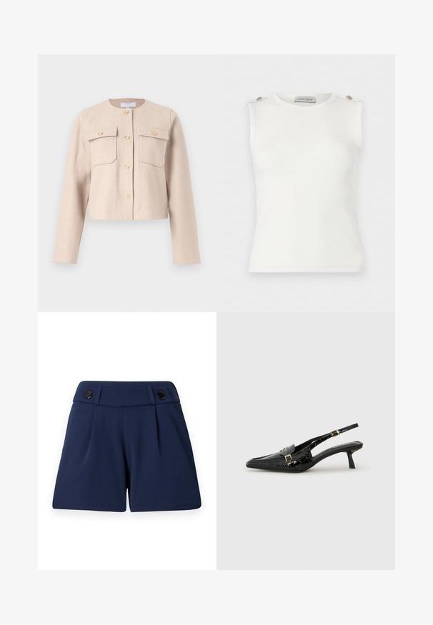 Beige, cropped jakke lavet af blødt stof med lange ærmer, guldknapper og to brystlommer. Klassisk rund udringning med minimalistisk design.; Hvid ærmeløs ribstrikket top med rund halsudskæring og dekorative knapper på skulderstropperne, mærket ANNA FIELD.; Mørkeblå skræddersyede shorts lavet af letvægtsstof, med to frontfolder og to sorte knapper i taljen.; Svarte slingback-hæle i lakkskinn med spiss tupp, krokodillemønster, detaljer med gullspenne og lav hæl.