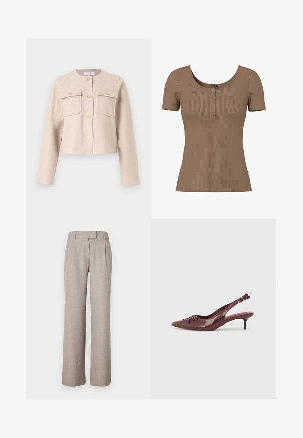 Beige, taillierte Jacke aus weichem Stoff mit langen Ärmeln, goldenen Knöpfen und zwei Brusttaschen. Klassischer Rundhalsausschnitt mit minimalistischem Design.; Braunes, kurzärmliges, geripptes Oberteil mit Rundhalsausschnitt und vier kleinen runden silbernen Knöpfen auf der vorderen Blende.; Beige maßgeschneiderte Hosen aus einem strukturierten Stoff, mit einem geraden Bein und Frontfalten. Keine sichtbare Hardware oder Muster.; Bordeauxfarbene Leder-Slingback-Pumps mit spitzem Zehenbereich, verstellbarem Riemen und dekorativem Schleifchen vorne. Absatzhöhe von 7,5 cm.