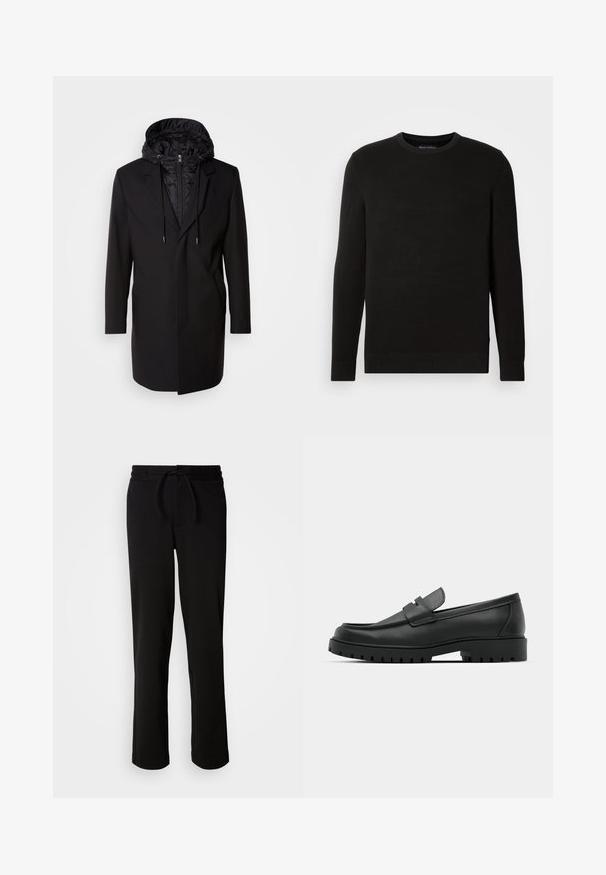 Sort frakke med en aftagelig polstret hætte, lynlås lukning, sidelommer og skræddersyet design. Glat tekstur og rene linjer gennem hele produktet.; Sort strikfanget crew-neck sweater med lange ærmer, tekstureret stof, ribbede manchetter og kant, med et lille logo på brystet.; Sorte sweatpants med snor i taljen, lavet af blødt og strækbart stof. Har en afslappet pasform med lige ben og uden synlige lommer.; Sorte læder loafers med rund tå, der har et syet design, lav platformssål og en struktureret, skridsikker gummisål.