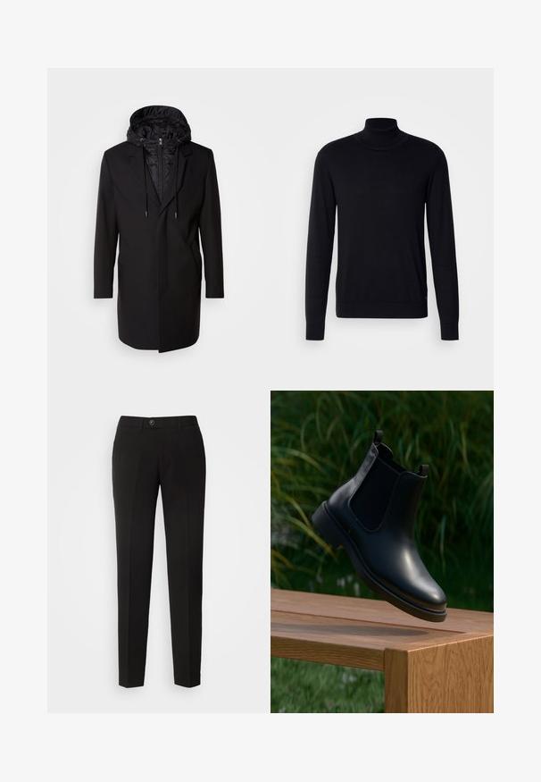 Sort frakke med en aftagelig polstret hætte, lynlås lukning, sidelommer og skræddersyet design. Glat tekstur og rene linjer gennem hele produktet.; Sort tregnet trøje lavet af blødt stof. Har lange ærmer, ribbestrikket krave og manchetter, samt en glat overflade uden mønstre.; Sorte lige bukser lavet af glat stof, med knaplukning og sidelommer i et klassisk design.; Sort læder ankelstøvle med elastiske sidepaneler, der svæver over en træbænk, med grønne planter i baggrunden.