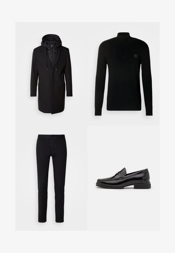 Abrigo negro con capucha acolchada desmontable, cierre de cremallera, bolsillos laterales y un diseño entallado. Textura suave y líneas limpias en todo el abrigo.; Jersey de cuello alto negro en un material de punto suave. Presenta mangas largas, puños y dobladillo acanalados, y un parche de marca en el pecho.; Pantalones negros de tela de algodón suave, con diseño de pierna recta, bolsillos delanteros, cierre de botón y un acabado limpio.; Mocasines de cuero negro con punta redondeada, que presentan un detalle cosido a través del empeine y un tacón bajo y cuadrado. Textura suave y acabado brillante.