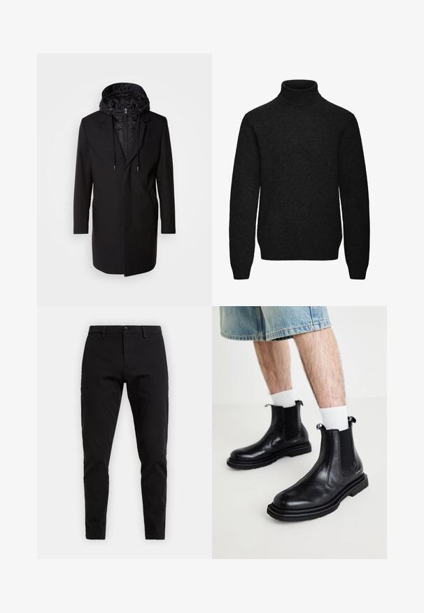 Sort frakke med en aftagelig polstret hætte, lynlås lukning, sidelommer og skræddersyet design. Glat tekstur og rene linjer gennem hele produktet.; Sort langærmet rullekravesweater med ribmanchetter og ribkant, lavet af et blødt strikstof.; Sorte bomuldsbukser med slim fit. Har knappelukning, bæltestropper og sidelommer. Glat tekstur uden synlige mønstre.; Steve Madden HENRIES - Støvletter - black