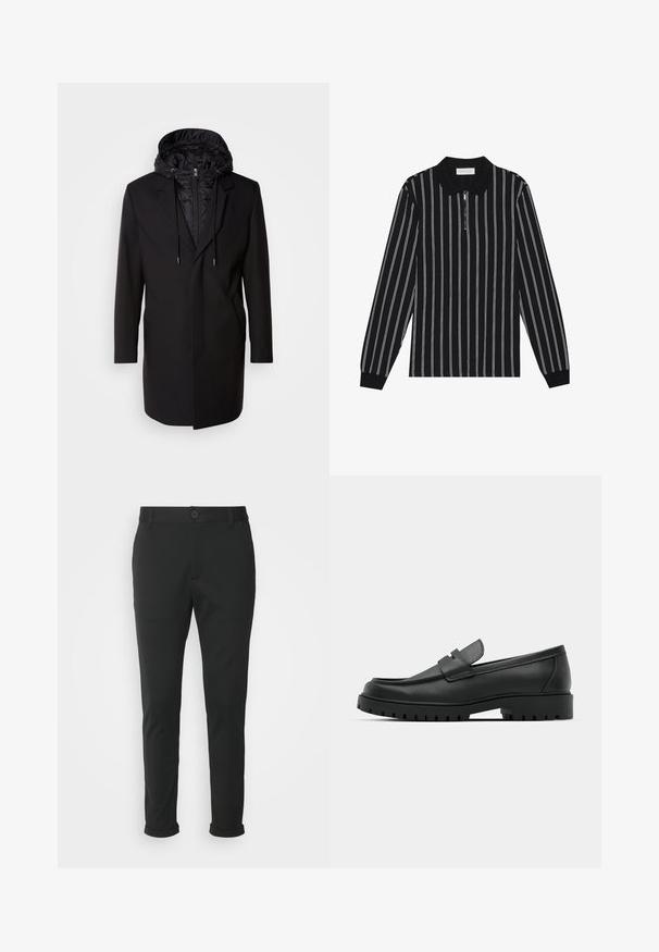 Schwarzer Mantel mit abnehmbarer gepolsterter Kapuze, Reißverschluss, Seitentaschen und maßgeschneidertem Design. Glatte Textur und klare Linien durchgehend.; Langärmliges Polohemd in Schwarz mit weißen vertikalen Streifen, ausgestattet mit einem Reißverschlusskragen und strukturiertem Stoff. Abgerundet mit gerippten Bündchen.; Schwarze Hose aus einem glatten Stoff mit geradem Schnitt. Besitzt einen einzelnen Knopfverschluss und umgeschlagene Bündchen.; Schwarze Lederloafer mit runder Zehenform, ausgestattet mit einem gesteppten Design, niedrigem Plattformsohle und einer strukturierten, genoppten Gummisohle.