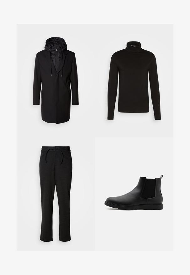 Manteau noir avec capuche rembourrée amovible, fermeture éclair, poches latérales et design ajusté. Texture lisse et lignes épurées tout au long.; Chandail noir à col roulé à manches longues en tissu lisse avec un design ajusté et un col haut et confortable. Aucuns motifs ni accents visibles.; Pantalons en tricot noirs avec un waistband à cordon de serrage, coupe droite et poches latérales. Texture douce avec une finition lisse.; Bottine Chelsea en cuir noir avec des panneaux latéraux en élasthanne, une languette et une semelle en caoutchouc durable. Texture lisse et design épuré.