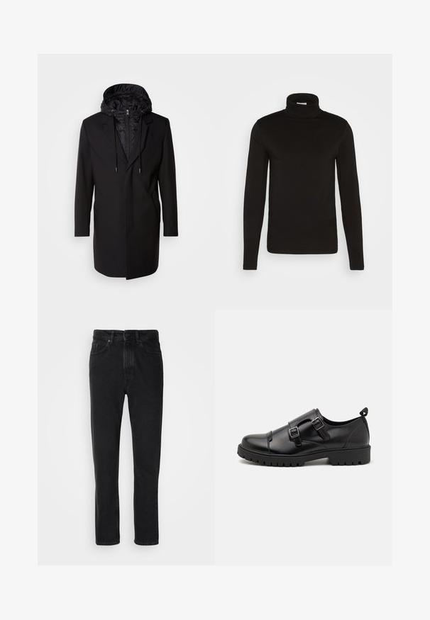Sort frakke med en aftagelig polstret hætte, lynlås lukning, sidelommer og skræddersyet design. Glat tekstur og rene linjer gennem hele produktet.; Sort turtleneck langærmet skjorte lavet af et glat stof med en tætsiddende design og en høj, tætsiddende krave. Ingen mønstre eller accenter synlige.; Sorte denim jeans med lige ben-design, med knap- og lynlåslukning, forlommer og subtile teksturer.; Pier One by Zalando Business loafers - black