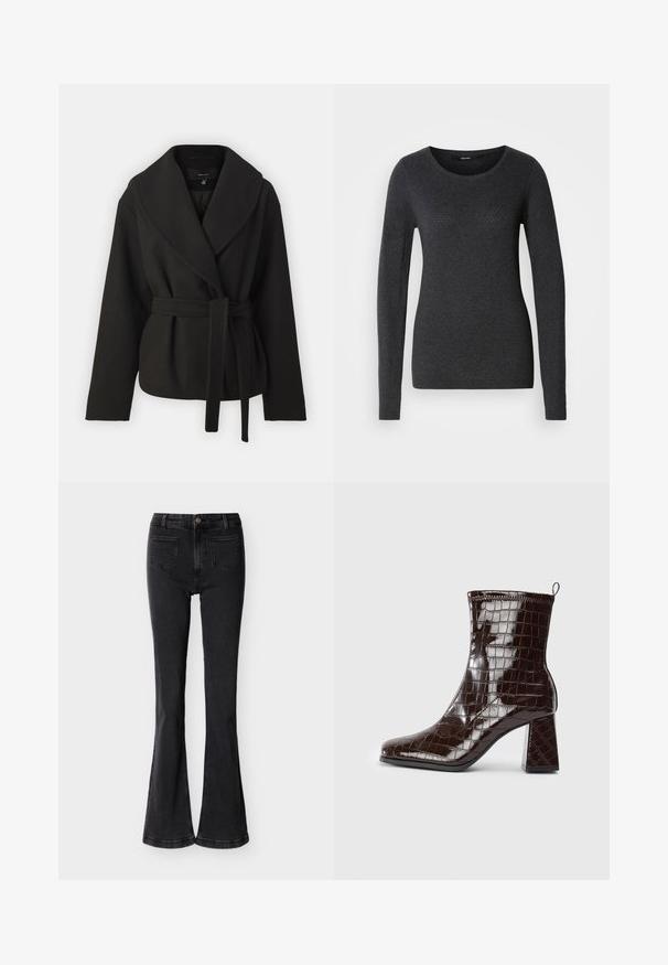 Vero Moda Tall VMANNE BERGEN JACKET - Ľahká bunda - black; Tmavosivý sveter s dlhými rukávmi a okrúhlym výstrihom, mäkkou textúrou a jemným vzorom na prednej strane a rukávoch.; Čierne rozšírené rifle s vysokým pásom, prednými vreckami, pútkami na opasok, zapínaním na gombík a viditeľným prešívaním na jednofarebnom svetlom pozadí.; Tmavo hnedé lakované členkové čižmy s krokodílovou textúrou, blokovým podpätkom a pútkom na zadnej strane na bielom pozadí.