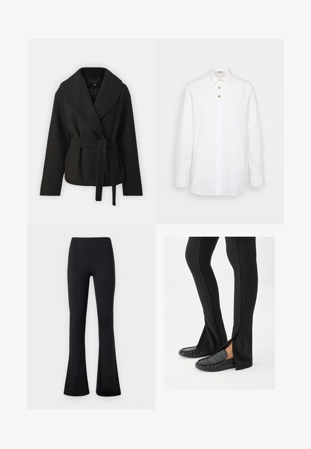 Vero Moda Tall VMANNE BERGEN JACKET - Overgangsjakke - black; Hvid langærmet skjorte lavet af bomuld med klassisk krave, der har en knaplukning foran og guldfarvede knapper som detaljer.; Sorte leggings med høj talje og vidde ben, lavet af glat, strækbart stof, vist på en ensfarvet hvid baggrund.; Ben iført sorte flagrende bukser med sideslids, kombineret med sorte lædermoccasins på en hvid baggrund.