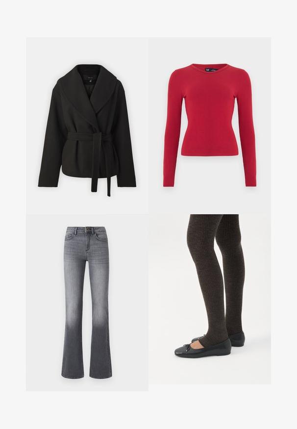 Vero Moda Tall VMANNE BERGEN JACKET - Overgangsjakke - black; Rød, ribbet bluse med lange ærmer og rund halsudskæring. Fremstillet af blødt stof, med tætsiddende pasform og diskrete teksturdetaljer. Mærkeetiket synlig.; Højtaljede, brede jeans i mørkegråt denim med forlommer, knaplukning og subtilt falmede effekter mod kanten.; Ben iført mørke ribbede leggings kombineret med sorte balletsko med små sløjfedetaljer på hvid baggrund.