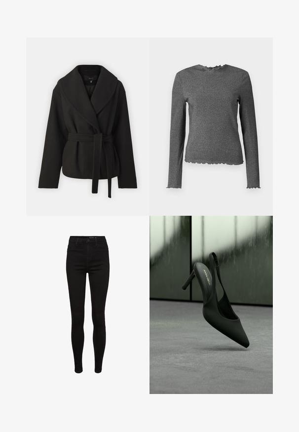 Vero Moda Tall VMANNE BERGEN JACKET - Ľahká bunda - black; Dlhý rukáv, tmavosivý pruhovaný úpletový vrch s okrajmi vo forme hlávkového šalátu na manžetách, výstrihu a lemovaní.; Čierne denimové skinny džínsy s vysokým pásom, dizajnom s piatimi vreckami, pútkami na opasok a jemnými švami. Hladká textúra, tesne priliehajúci strih.; Čierna slingback topánka na vysokom opätku so špicatou špičkou a remienkom na členku, značková "ANNA FIELD", mierne vznášajúca sa nad sivým povrchom.