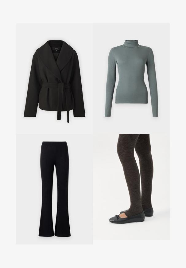 Vero Moda Tall VMANNE BERGEN JACKET - Ľahká bunda - black; Dlhý rukáv, turtleneck top vyrobený z mäkkej, textúrovanej zelenej rebrovanej látky. Priliehavý dizajn s vysokým golierom a bezšvovou konštrukciou po celom obvode.; Čierne ryhované voľné nohavice so strečovým pásom, pričom majú textúrovaný povrch a rozšírený lem, ktorý dodáva plynulý siluet.; Nohy v tmavých pásikavých legínach v kombinácii s čiernymi balerínkami s malými mašličkami na bielom pozadí.