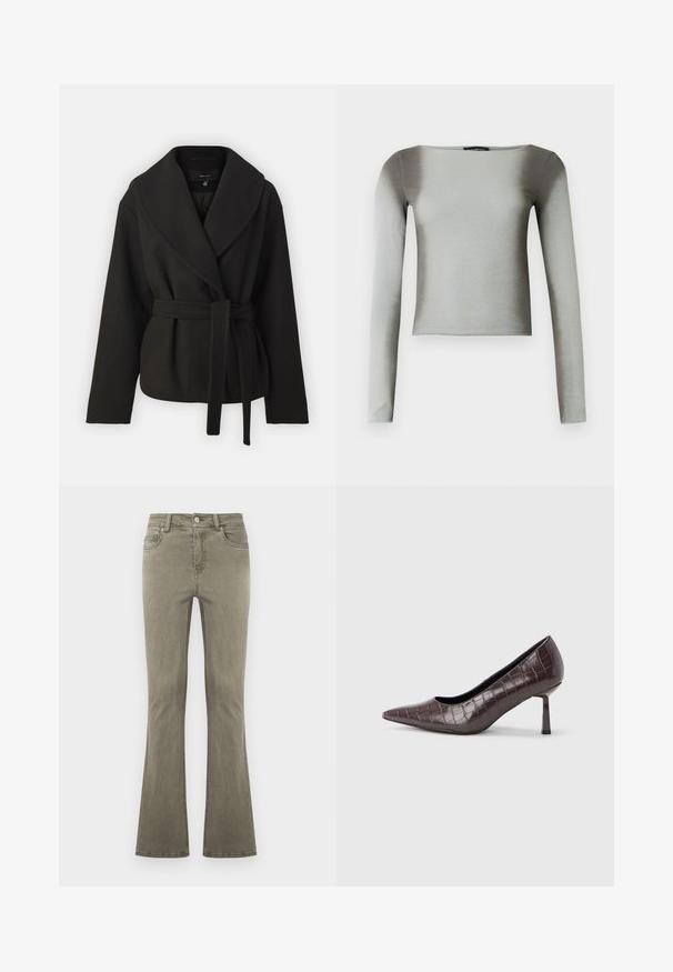Vero Moda Tall VMANNE BERGEN JACKET - Overgangsjakke - black; Langærmet, rundhalset top i en lysegrå stof. Glat tekstur med en tætsiddende pasform, der har minimale sømme og intet synligt hardware.; Olivenfarvede jeans med lige ben, for-trykknapslukning, bæltestropper og femlommesdesign, vist på en ensfarvet baggrund.; Brune kunstlæder stiletter med spidse tæer og krokodilletekstur, der har en slank, vinklet hæl og en glat inderside.