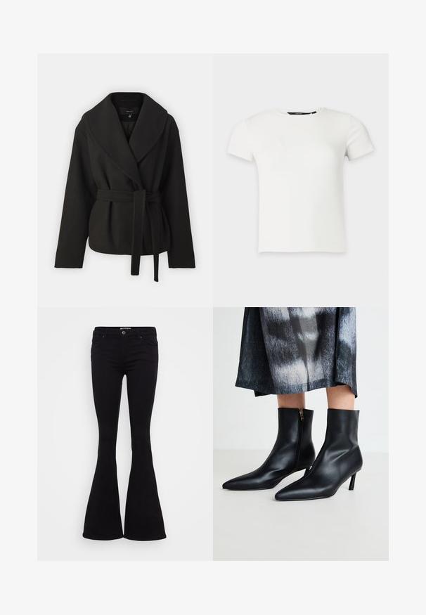 Vero Moda Tall VMANNE BERGEN JACKET - Jas - black; Wit geribbeld gebreid T-shirt met korte mouwen en een ronde hals, weergegeven op een effen lichtgrijze achtergrond.; Zwarte flared jeans van een gladde stof, met een middelhoge taille, voorzakken en een knoopsluiting. De zoom loopt aan de onderkant uit.; Zwarte leren enkellaarsjes met een puntige neus en een ritssluiting aan de zijkant, afgewerkt met een taps toelopende hak. Gladde textuur en strak ontwerp.