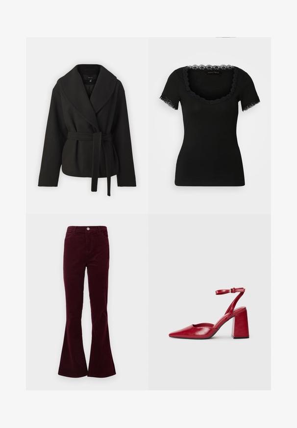 Vero Moda Tall VMANNE BERGEN JACKET - Jas - black; Zwarte T-shirt met korte mouwen, voorzien van een kanten rand bij de halslijn en de mouwranden. Gemaakt van zachte stof en heeft een getailleerd ontwerp.; Bordeaux corduroy hoge taillebroek met een knoop- en ritssluiting, voorzakken en uitlopende benen.; Rode leren slingback-hakken met een puntige neus, een stevige blokhak en een enkel verstelbaar enkelbandje. Gladde textuur, minimalistisch ontwerp.