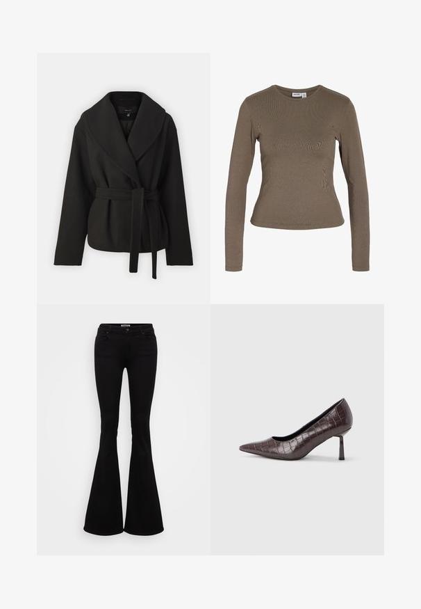 Vero Moda Tall VMANNE BERGEN JACKET - Jas - black; Langemouw, getailleerd shirt met ronde hals in effen bruine kleur met een eenvoudig ontwerp en zonder zichtbare patronen of logo’s.; Zwarte uitlopende jeans van stretchdenim, met een aansluitende taille, voor- en achterzakken en een knoopsluiting in de taille.; Bruine nepleren pumps met een puntige neus en krokodillenstructuur, voorzien van een slanke, hoekige hak en een gladde binnenvoering.