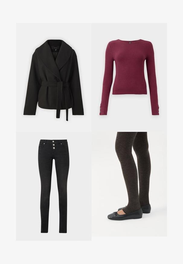 Vero Moda Tall VMANNE BERGEN JACKET - Chaqueta de entretiempo - black; Suéter burdeos de manga larga con textura acanalada, cuello redondo y detalles de botones en los puños. Fabricado con un material de punto texturizado.; Vaqueros ajustados negros hechos de mezclilla, con una cintura alta con tres cierres de botones plateados y un diseño clásico de cinco bolsillos.; Piernas con leggings oscuros acanalados combinados con bailarinas negras que presentan pequeños detalles de lazo sobre un fondo blanco.