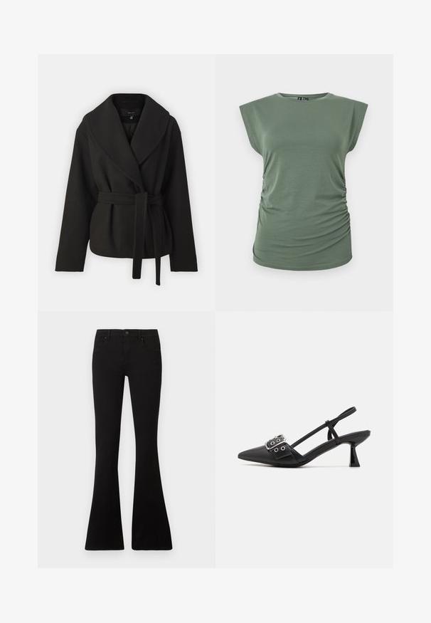 Vero Moda Tall VMANNE BERGEN JACKET - Overgangsjakke - black; Ærmeløs olivengrøn dams top med rynkede sider, rund halsudskæring og en let figursyet silhuet på hvid baggrund.; Sorte, vidde bukser med høj talje, lavet af denim. Indeholder fem lommer og en enkelt knaplukning. Glat tekstur.; Simmi London DALA - Pumps - black