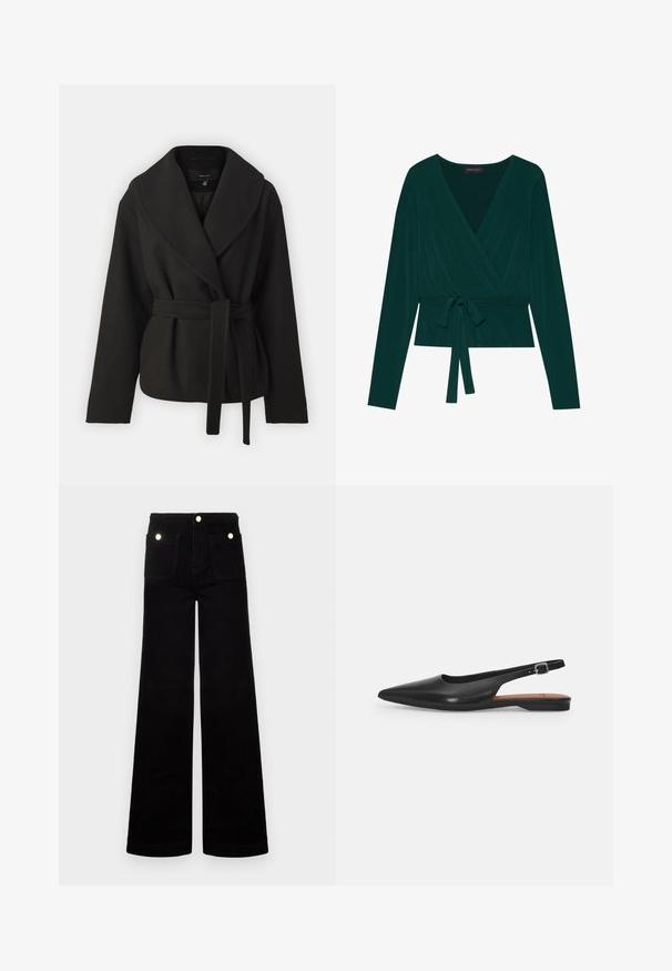 Vero Moda Tall VMANNE BERGEN JACKET - Overgangsjakke - black; Top i mørkegrønt stof med lange ærmer, der har en V-udskæring og justerbart bånd i taljen for en tætsiddende pasform. Blød tekstur.; Sorte flared jeans lavet af denim, med høj talje, to forlommer og guldfarvede hardwaredetaljer. Glat tekstur, bred bendesign.; Sorte læder slingback sko med spidse tæer, subtil glans og justerbar ankelrem. Flad hæl med en brun indersål.