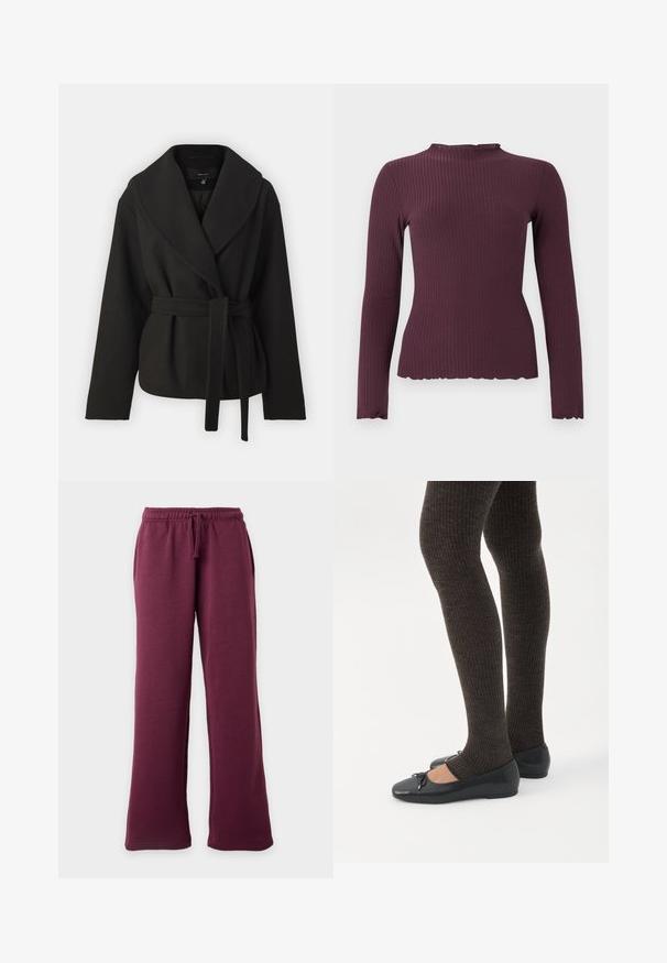 Vero Moda Tall VMANNE BERGEN JACKET - Overgangsjakke - black; Langærmet ribstrikket top i mørk blommefarve med en let rynket rund halsudskæring og kant, tætsiddende silhuet.; Vinrøde sweatpants med vide ben, elastisk linning og snor, forlommer, vist mod en ensfarvet lys baggrund.; Ben iført mørke ribbede leggings kombineret med sorte balletsko med små sløjfedetaljer på hvid baggrund.