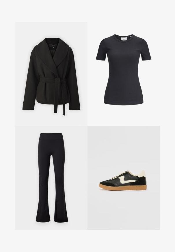 Vero Moda Tall VMANNE BERGEN JACKET - Overgangsjakke - black; Sort ribbet kortærmet t-shirt med rund halsudskæring. Lavet af et blødt, strækbart stof med en subtil tekstur og en tætsiddende silhuet.; Sorte leggings med høj talje og vidde ben, lavet af glat, strækbart stof, vist på en ensfarvet hvid baggrund.; Sorte ruskinds- og lædersneakers med en cremefarvet side-swoosh og lys cremefarvet hæl. Har beige snørebånd og en gummirubber-sål.