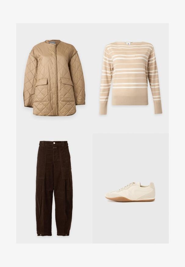 Veste matelassée beige à manches longues, col rond, poches à rabat à l'avant, avec un motif de couture en forme de losange.; Pull beige à manches longues avec des rayures horizontales blanches et un col rond sur un fond clair uni.; Pantalon large en velours côtelé marron foncé, taille haute, poches plaquées à l'avant, fermeture par bouton et poignets réglables à pressions aux chevilles.; Baskets beige clair avec une tige en cuir texturé, des panneaux latéraux texturés et une semelle en caoutchouc. Dotées d'un design fin et épuré ainsi que de lacets plats.