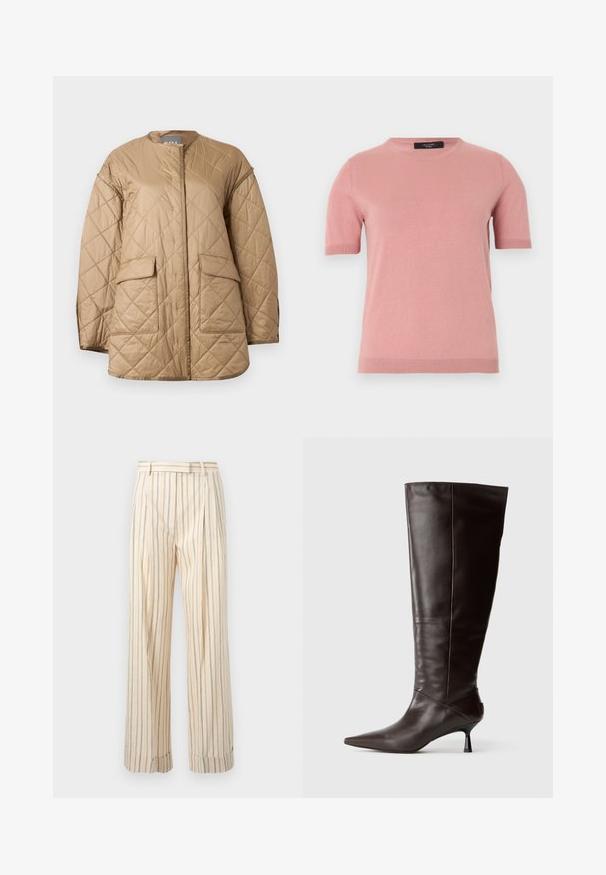 Veste matelassée beige à manches longues, col rond, poches à rabat à l'avant, avec un motif de couture en forme de losange.; Pull tricoté rose pâle à manches courtes avec col rond et poignets et ourlet côtelés, présenté sur un fond uni clair.; Pantalon beige taille haute avec fines rayures verticales noires, brunes et rouges, équipé de poches latérales et d'ourlets retroussés.; Botte en cuir marron, hauteur genou, avec un bout pointu et un talon fin. Texture lisse et design élégant, arborant une silhouette minimaliste.