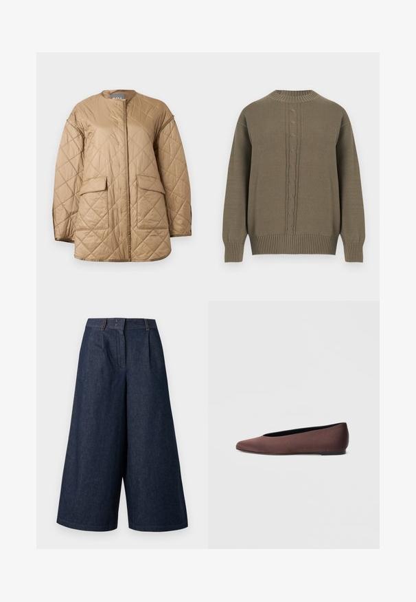 Veste matelassée beige à manches longues, col rond, poches à rabat à l'avant, avec un motif de couture en forme de losange.; Pull en maille vert olive avec col rond, poignets et ourlet côtelés, présentant un motif torsadé central sur le devant.; Culottes en denim bleu foncé à jambes larges avec plis devant et passants de ceinture, longueur du genou au mollet, présentés sur un fond clair.; Ballerines en tissu marron avec un bout pointu et une texture lisse, dotées d'un talon bas et d'une fine semelle noire. Aucune motif ni élément métallique visible.