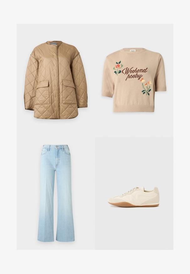 Beige quilted jacket with long sleeves, round neckline, front flap pockets, and diamond-shaped stitching pattern.; Beige knit short-sleeve sweater with "Weekend poetry" text and small colorful floral designs on front.; Light blue high-waist wide-leg jeans with front button, zipper, and pockets, displayed on a plain white background.; Light beige sneakers with a textured leather upper, textured side panels, and a rubber sole. Features a slim, streamlined design and flat laces.
