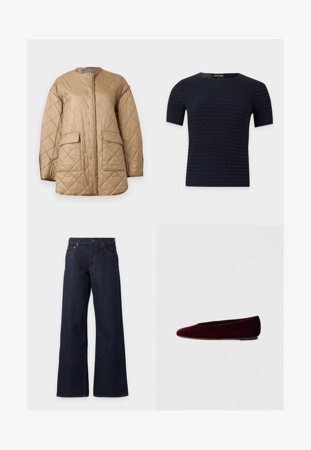 Veste matelassée beige à manches longues, col rond, poches à rabat à l'avant, avec un motif de couture en forme de losange.; Chemise noire à manches courtes avec un motif texturé horizontal subtil et un col rond, présentée sur un fond clair uni.; Jeans bleu foncé à jambes larges avec poches avant, passants de ceinture, fermeture bouton et coutures orange sur fond blanc.; Ballerines en velours bordeaux avec un bout arrondi et un talon bas, présentant une texture lisse et un design élégant.