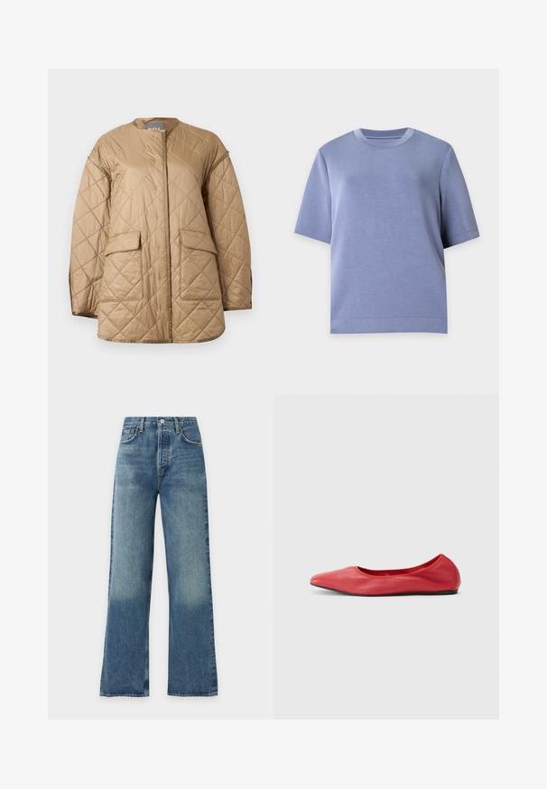 Veste matelassée beige à manches longues, col rond, poches à rabat à l'avant, avec un motif de couture en forme de losange.; T-shirt uni bleu clair à manches courtes avec col rond et coupe décontractée sur fond blanc.; Jean en denim bleu à coupe droite, taille mi-haute, fermeture par bouton et zip, avec poches avant, présenté sur un fond uni.; Filippa K REY FLATS - Ballerines - bright red