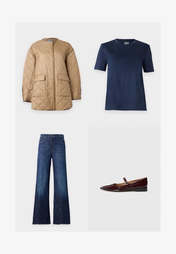Veste matelassée beige à manches longues, col rond, poches à rabat à l'avant, avec un motif de couture en forme de losange.; T-shirt bleu marine à manches courtes, col rond, ourlet droit et texture de tissu lisse, présenté sur un fond uni.; Jean en denim bleu foncé à jambes larges avec poches avant et taille boutonnée, affiché sur un fond clair uni.; Ballerines en cuir verni bordeaux de type Mary Jane avec un bout pointu, un talon plat et une sangle décorative avec une boucle circulaire.