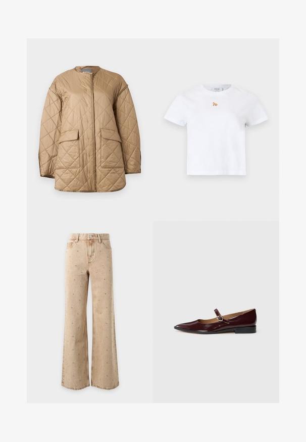 Veste matelassée beige à manches longues, col rond, poches à rabat à l'avant, avec un motif de couture en forme de losange.; T-shirt blanc manches courtes avec petit logo renard orange brodé au centre de la poitrine, col rond et ourlet droit.; Jean beige à jambes larges avec de petits clous argentés dispersés, poches avant, passants de ceinture et fermeture à bouton.; Ballerines en cuir verni bordeaux de type Mary Jane avec un bout pointu, un talon plat et une sangle décorative avec une boucle circulaire.