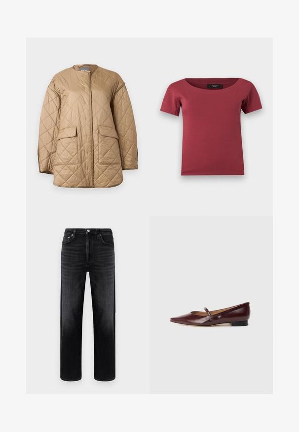 Beige quilted jacket with long sleeves, round neckline, front flap pockets, and diamond-shaped stitching pattern.; Short-sleeve, dark rose-red women’s top with wide scoop neckline and fitted cut, laid flat on a white background.; Black denim jeans with a relaxed fit, straight legs, and minimal fading. Features a button fly, five pockets, and subtle stitching details.; Burgundy patent leather flat shoe with a pointed toe and a decorative strap across the instep. Features a low black heel.