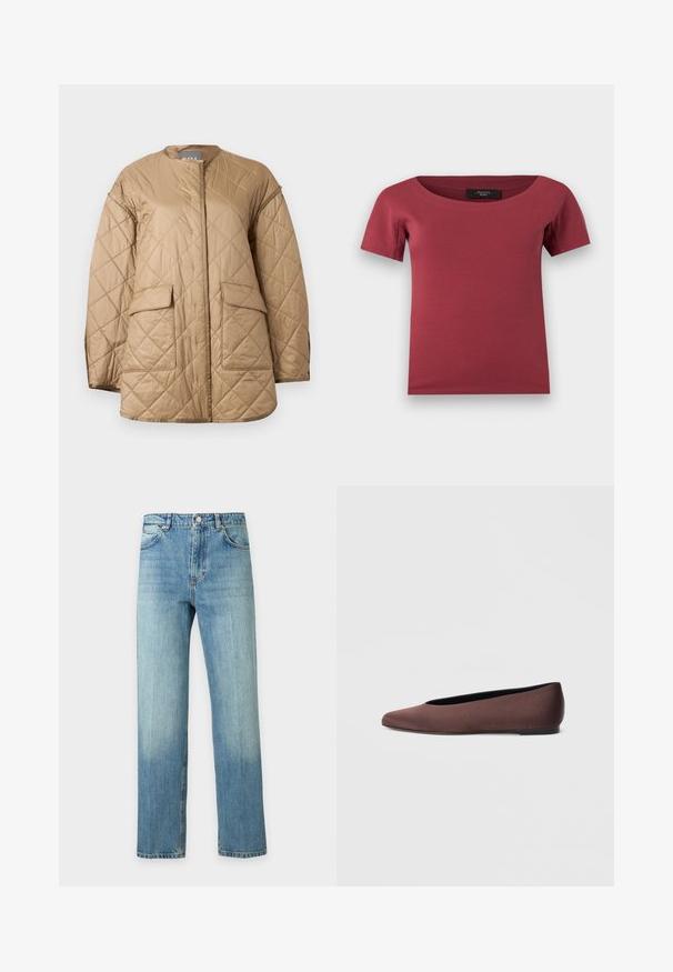 Veste matelassée beige à manches longues, col rond, poches à rabat à l'avant, avec un motif de couture en forme de losange.; Haut pour femmes à manches courtes, de couleur rose foncé, avec un large décolleté en arrondi et une coupe ajustée, posé à plat sur un fond blanc.; Jean droit en denim bleu clair avec poches avant, passants de ceinture et fermeture par bouton.; Ballerines en tissu marron avec un bout pointu et une texture lisse, dotées d'un talon bas et d'une fine semelle noire. Aucune motif ni élément métallique visible.